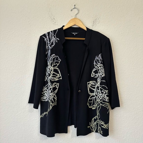 MISOOK Embroidered One Button Knit Suit Jacket Black Shoulder Padded - Picture 2 of 9